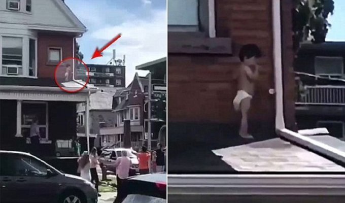 Прохожий пришел на помощь малышу, застрявшему на крыше (5 фото + 1 видео)