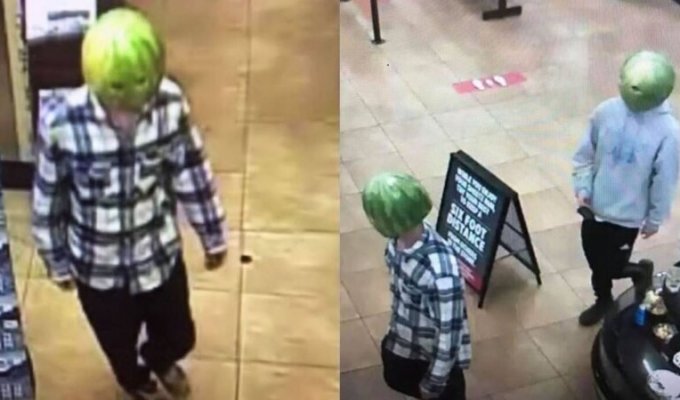 Преступники с арбузом на голове ограбили магазин в США (5 фото)
