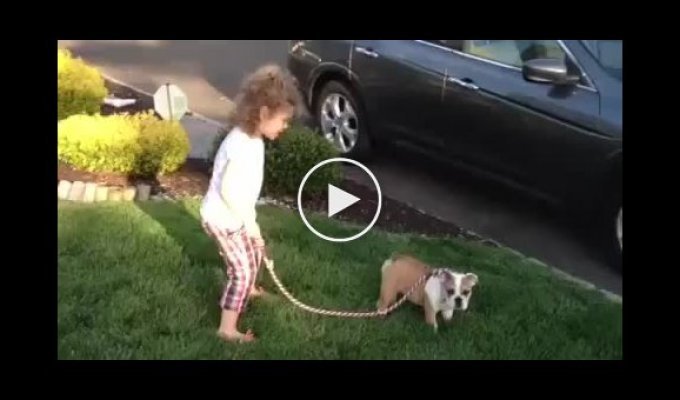 Девочка учит собачку как сходить по большому