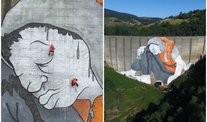 Огромный стрит-арт со смыслом: французские художники нарисовали беженца на плотине (8 фото)