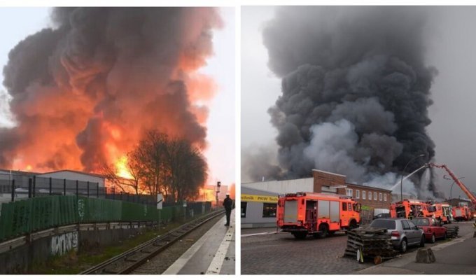 В Гамбурге произошёл пожар на складе с химическими веществами (3 фото + 2 видео)