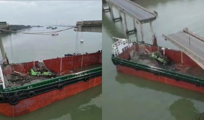 В Китае контейнеровоз снёс часть моста в Гуанчжоу (2 фото + 2 видео)