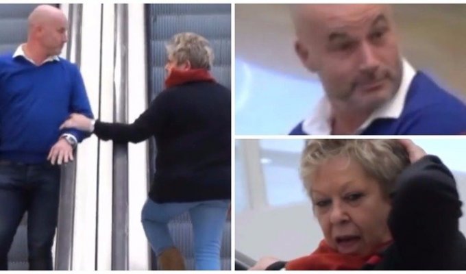 Забавные реакции французов на нежные прикосновения пожилой незнакомки на эскалаторе (1 фото + 3 видео)