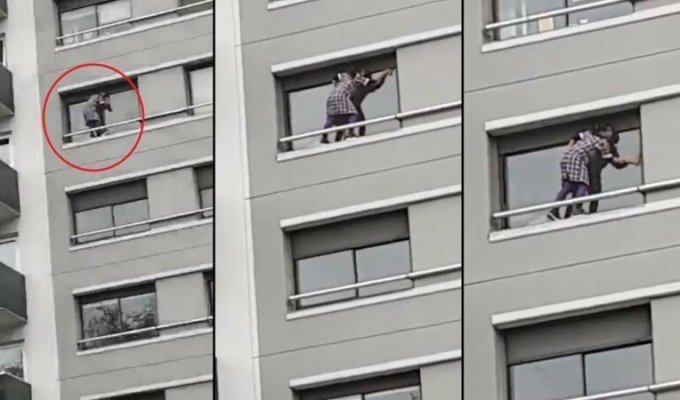 Домработница вылезла за пределы квартиры многоэтажного дома, чтобы помыть окна (3 фото)