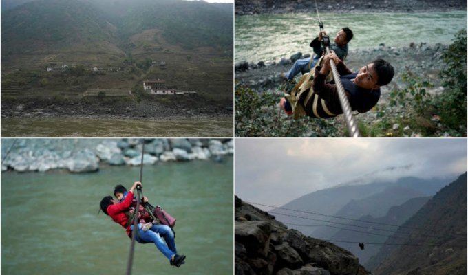 Жители китайской деревни используют зиплайн для переправы через реку (17 фото)
