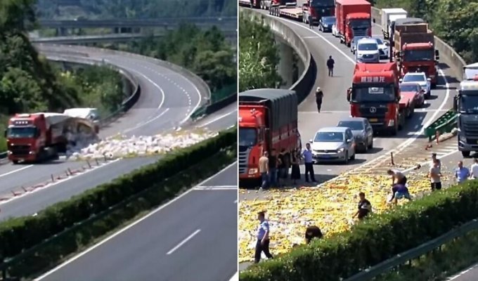 Фура засыпала китайскую магистраль апельсинами (2 фото + 1 видео)