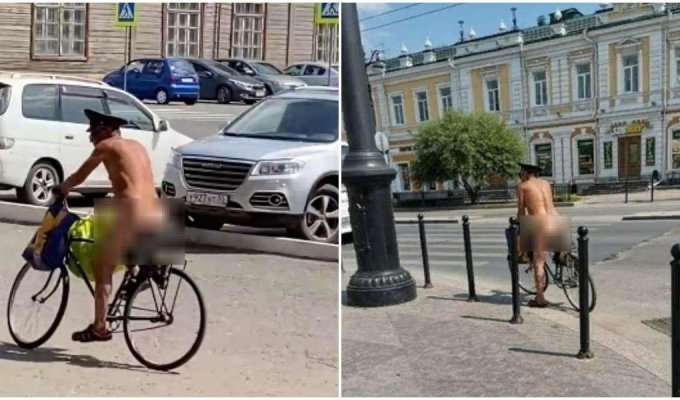 Печкин уже не тот: по Омску проехался голый велосипедист в полицейской фуражке (5 фото)