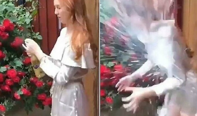 Рыжая девушка неудачно откупорила бутылку с шампанским (4 фото + 1 видео)