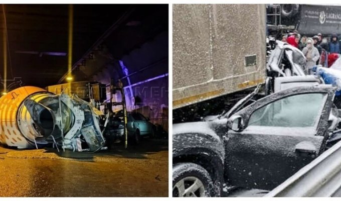 В Лефортовском тоннеле Москвы бетономешалка на полном ходу снесла легковушки, а на трассе М-11 столкнулись более 40 автомобилей (7 фото + 1 видео)