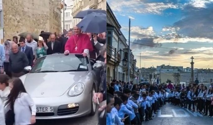 Мальтийский священник прокатился на Porsche, запряженном детьми (4 фото + 1 видео)
