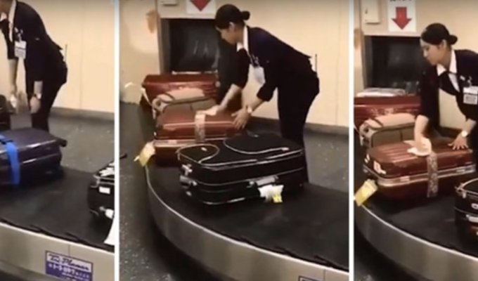 Японка поразила всех своим отношением к багажу в аэропорту (1 фото + 4 видео)