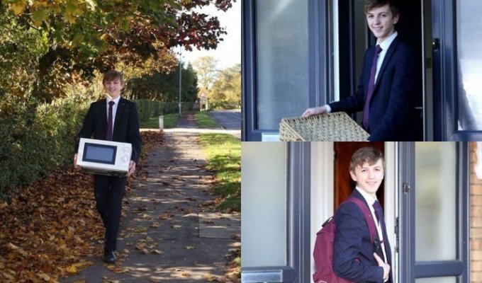 В британской школе запретили носить рюкзаки, и ученик пришел на занятия с микроволновкой (7 фото)