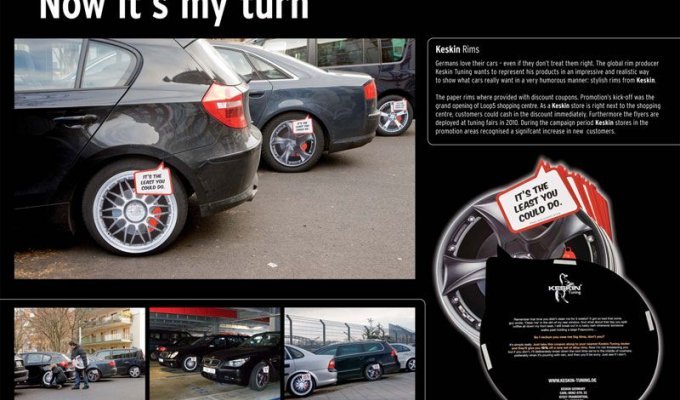 Рекламу колесных дисков расклеили по автомобилям