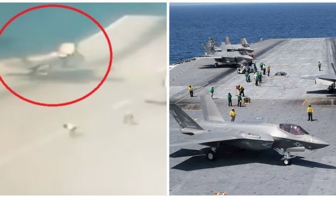 Момент падения истребителя F-35 с авианосца (1 фото + 1 видео)