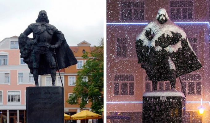 Польский памятник, похожий на Дарта Вейдера после снегопада (4 фото)