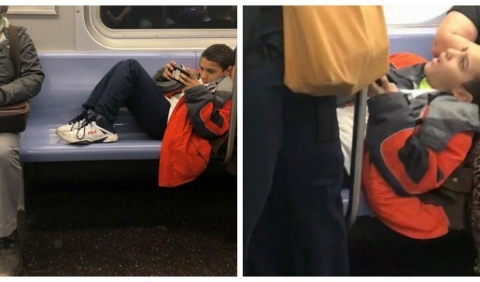 Мальчик отказался убирать ноги с сиденья в вагоне метро, но пассажир не стал с ним церемониться (12 фото)