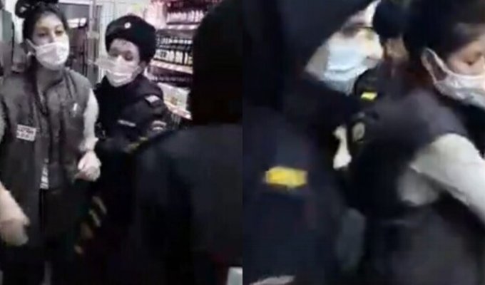 Полицейские Татарстана задержали и скрутили продавца "Магнита" из-за соскочившей с лица маски (4 фото + 1 видео)