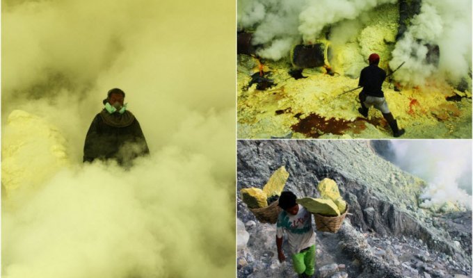 Шахтеры в адских условиях добывают серу в кратере вулкана (7 фото)