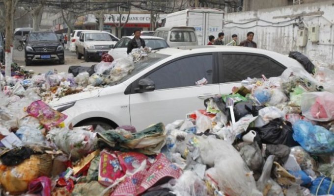 Китайские мусорщики по-своему проучили автомобилиста (5 фото)