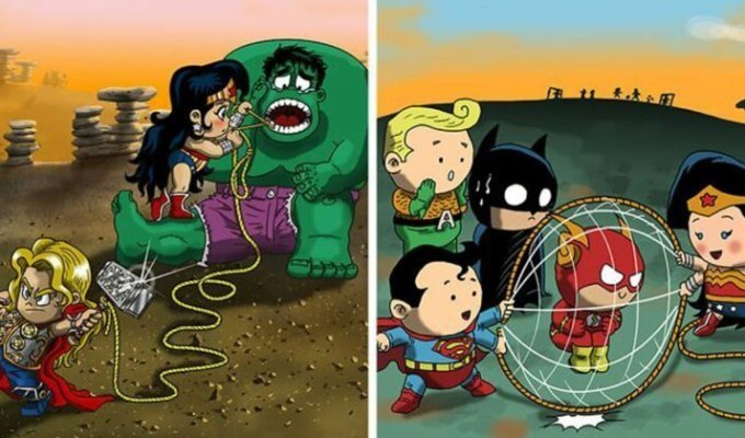 Супергероев превратили в детей, и они уже учатся спасать мир (14 фото)