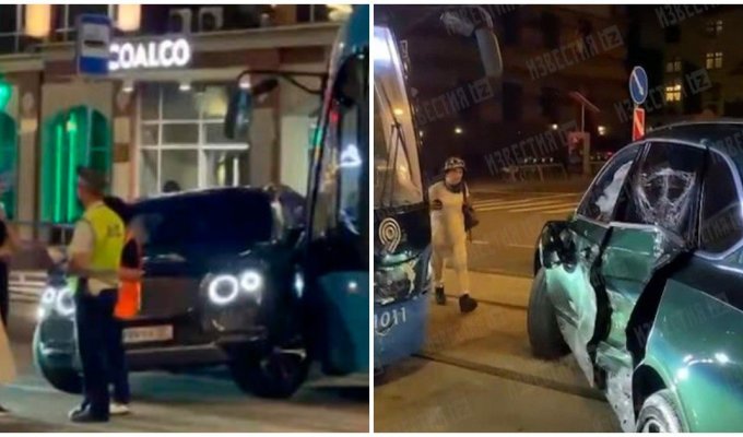В Москве Bentley столкнулся с трамваем (3 фото + 3 видео)