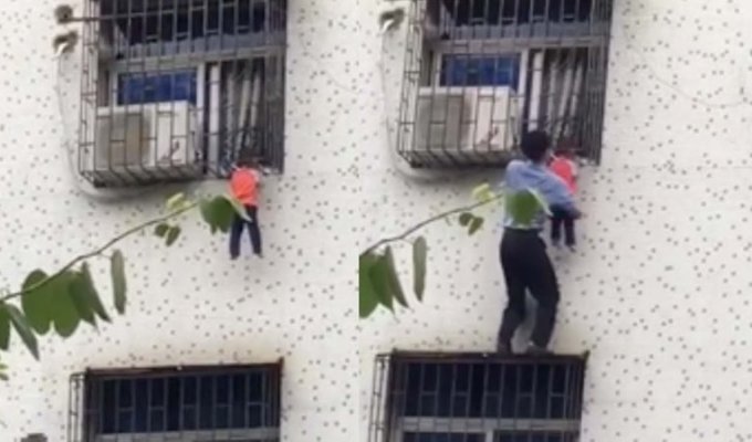 Китаец спас малыша, застрявшего головой в оконной решётке (3 фото + 1 видео)