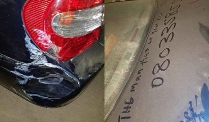 Неизвестный оставил номер телефона после того, как врезался в автомобиль в отсутствие его владельца (3 фото)