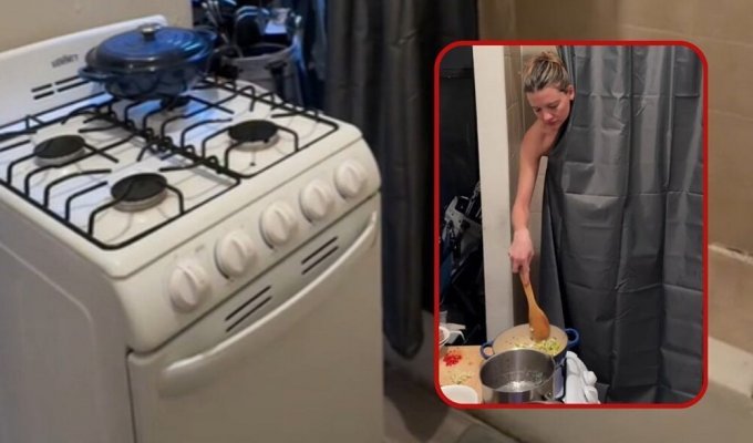 Женщина живёт в такой маленькой квартирке, что готовит еду, не выходя из душа (3 фото + 1 видео)