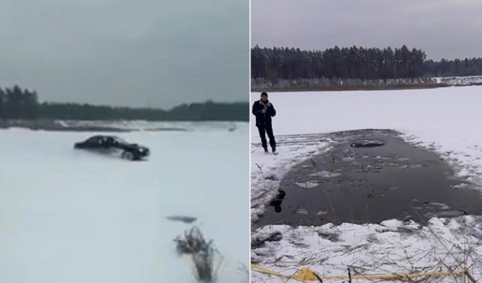 В Беларуси любитель зимнего дрифта утопил авто в озере (2 фото + 1 видео)