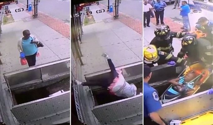 Пожилая женщина упала в люк, отвлекшись на телефон (6 фото + 1 видео)