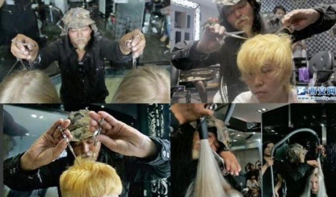 Китайский парикмахер стрижёт с закрытыми глазами (2 фото)
