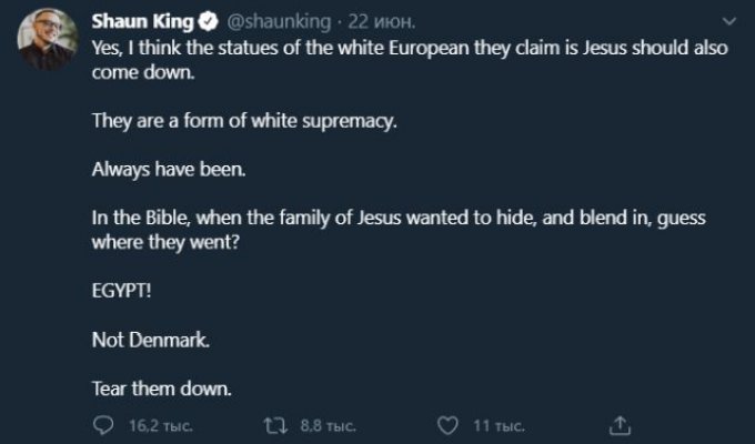 Активист Black Lives Matter и бывший пастор Шон Кинг призвал сносить статуи Иисуса Христа