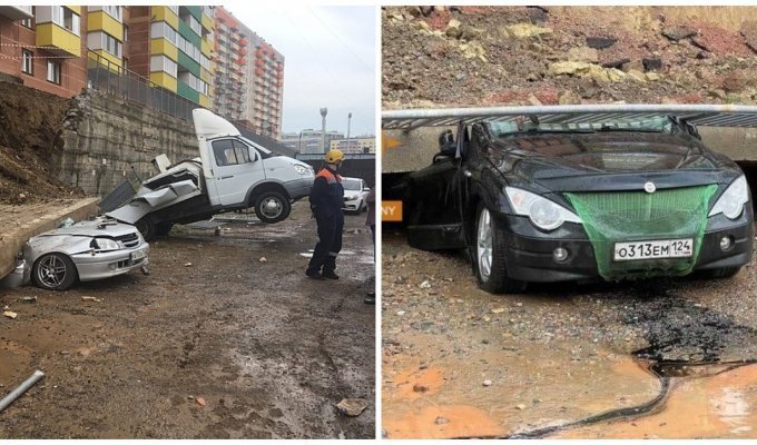 В Красноярске рухнула подпорная стена дома, похоронив под собой несколько автомобилей (7 фото + 2 видео)
