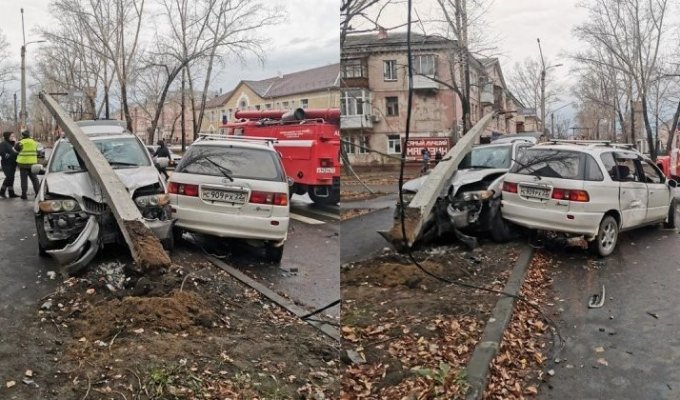 В Бийске водитель BMW не уступил дорогу: бетонный столб упал на автомобиль (6 фото + 1 видео)