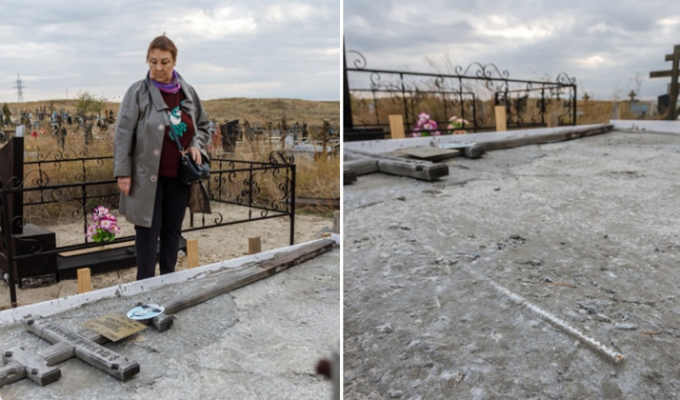 Немного переборщили: у жительницы Волгограда могилу мужа и сына закатали в бетон (4 фото)