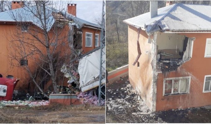 В Турции два грузовика протаранили второй этаж частного дома (2 фото + 1 видео)