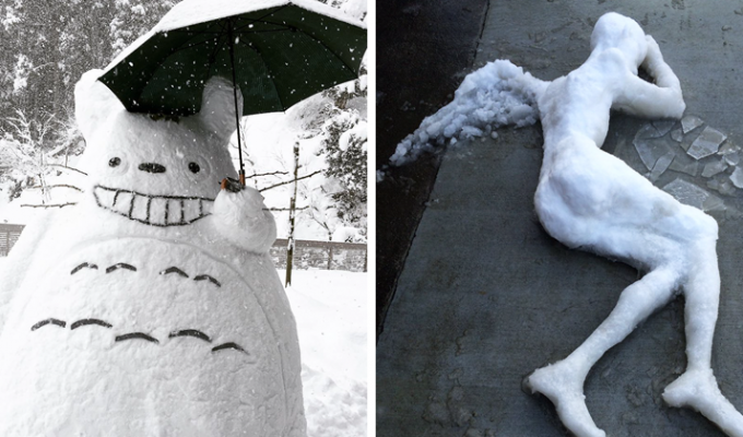 Японцы превращают неожиданный снег в произведения искусства! (28 фото)