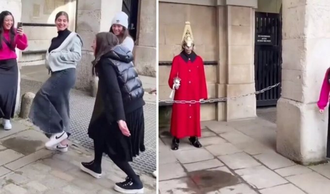 Американские туристки посмеялись над королевским гвардейцем (4 фото + 1 видео)