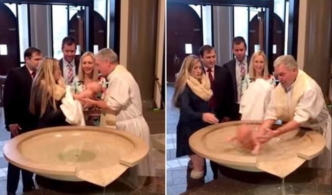 Священник чуть не утопил ребёнка во время церемонии крещения (3 фото + 1 видео)