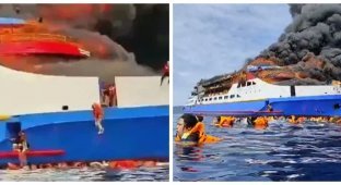 В Индонезии туристы прыгают в воду с загоревшегося парома, перевозившего 280 пассажиров (1 фото + 2 видео)