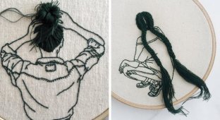 Женщина вышивает оригинальные женские портреты с объемными волосами