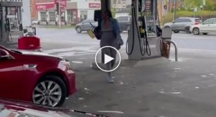 Showdown of ladies at an American gas station
