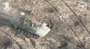 The bodies of the occupiers lie around a damaged Russian BMP-2