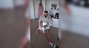 Wife helped her husband with cleaning