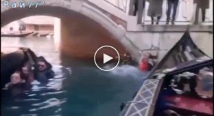 Tourists knocking over a gondola while taking selfies in Venice