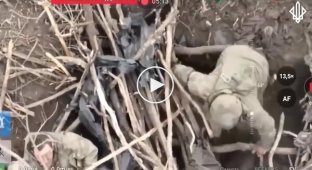 A Russian in a trench took a stick and imitates firing from a machine gun at a Ukrainian drone