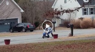 A man laughs hysterically at his neighbor who is testing a minibike.