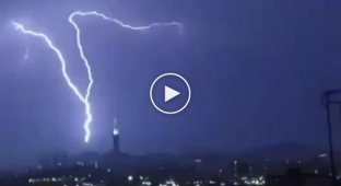 Lightning strikes the dome of the Royal Clock Tower in Mecca