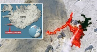 Как выглядит извержение исландского вулкана, если смотреть на него из космоса (8 фото + 1 видео)