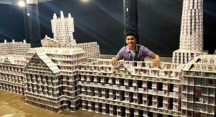A patient schoolboy assembled a huge house of cards (4 photos + 1 video)